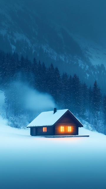 冬夜小屋温暖灯火