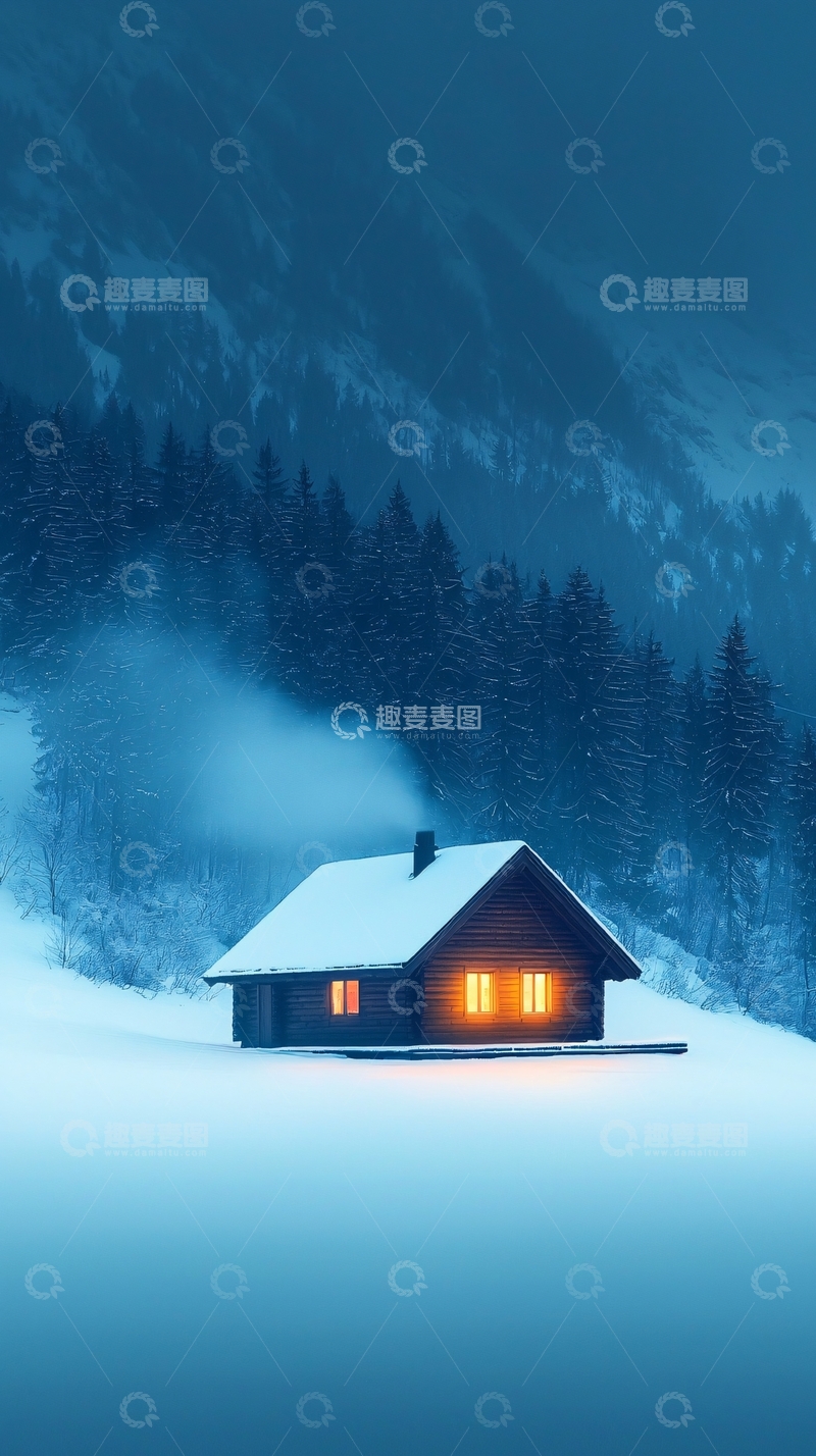 高清大图下载【趣麦麦图】冬夜小屋温暖灯火