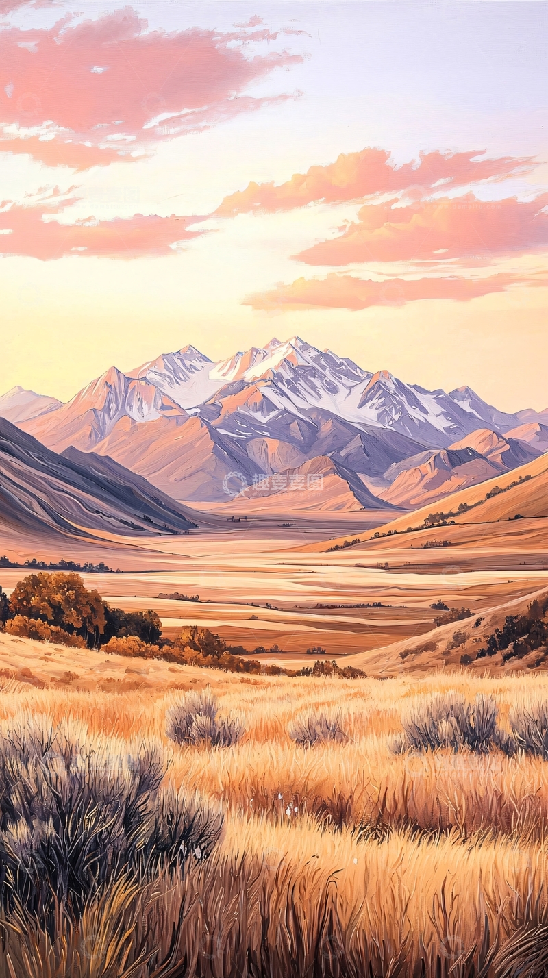 高清大图下载【趣麦麦图】雪山草原夕阳美景