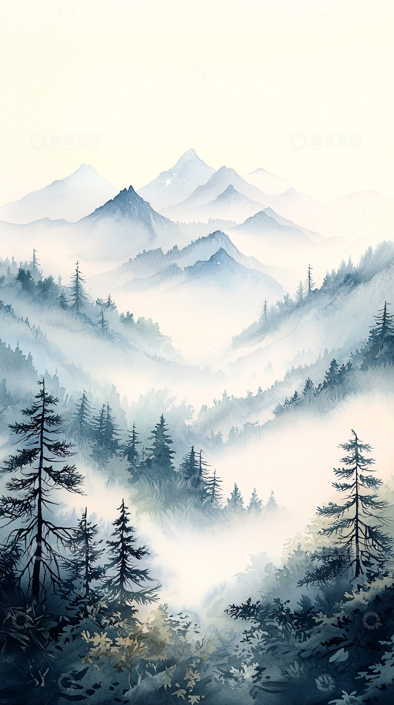 高清大图下载【趣麦麦图】雾中森林山脉风景