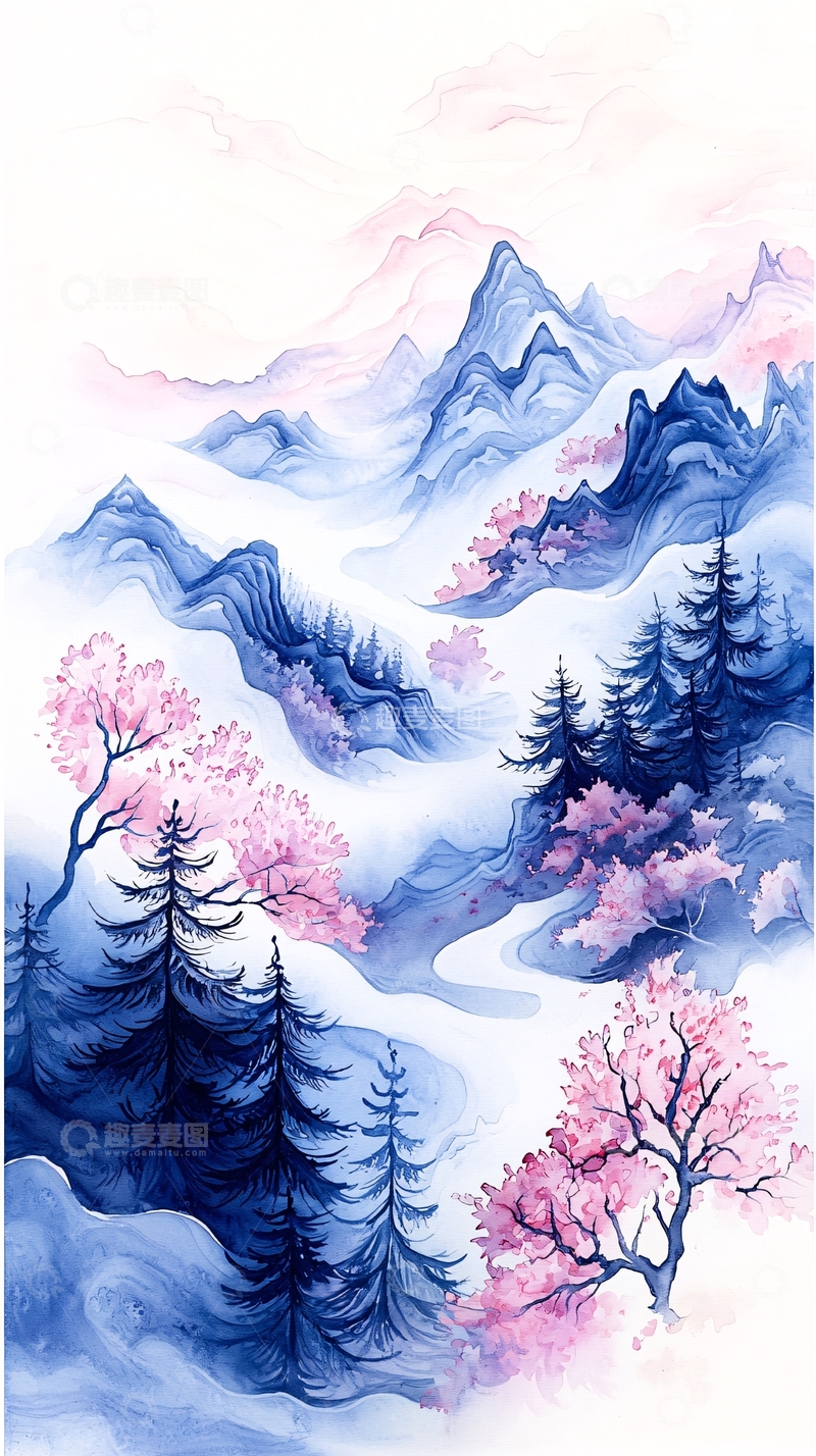 高清大图下载【趣麦麦图】粉蓝山水画风自然风景图