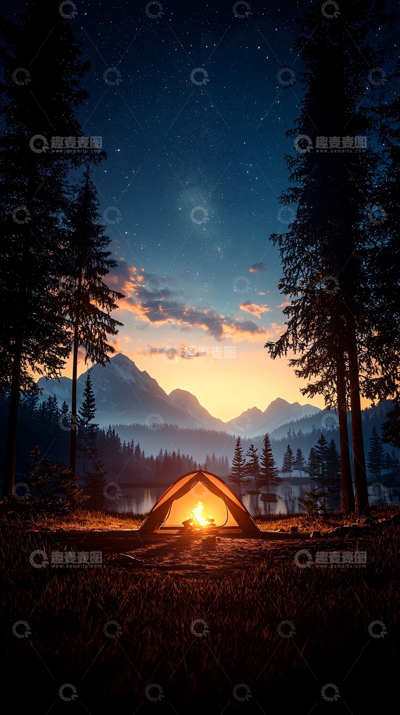 高清大图下载【趣麦麦图】夜晚露营帐篷篝火山景