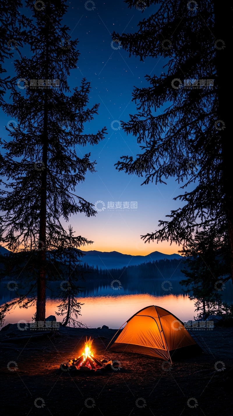 高清大图下载【趣麦麦图】夜晚露营篝火帐篷风景