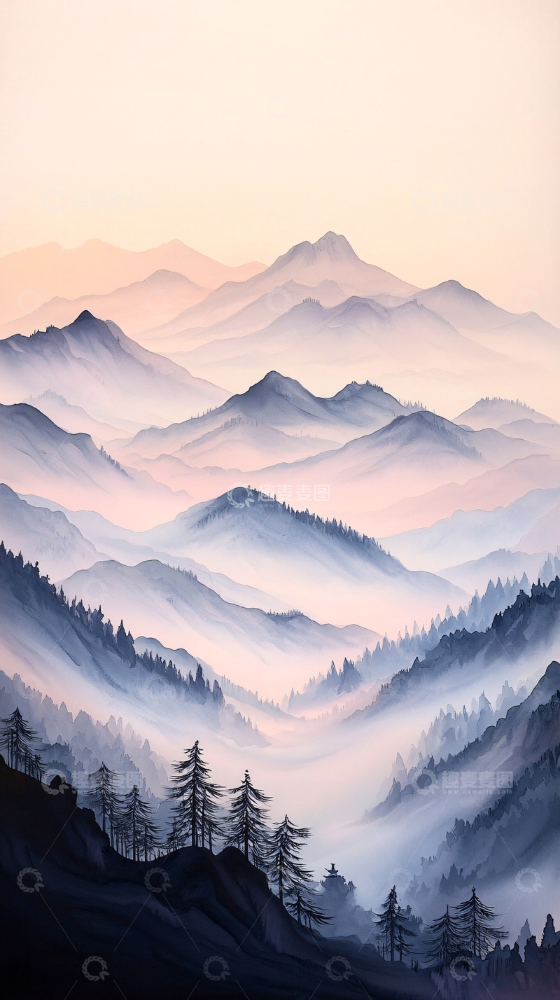 高清大图下载【趣麦麦图】晨雾中的山峦与松林