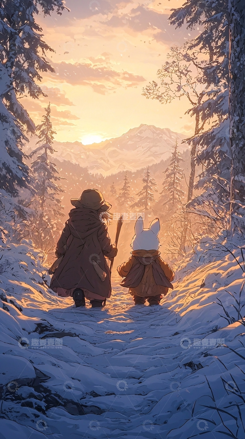 高清大图下载【趣麦麦图】冬日森林中的旅伴