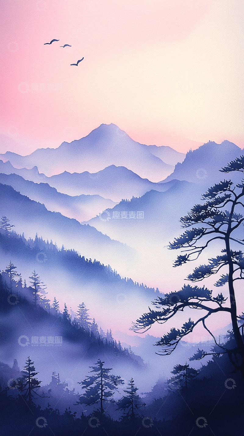 高清大图下载【趣麦麦图】晨雾山峦松树鸟飞
