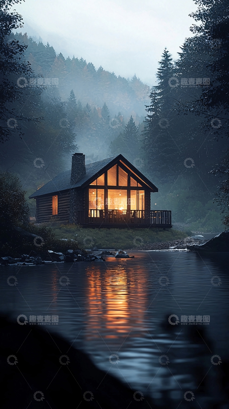 高清大图下载【趣麦麦图】夜色中的湖边小屋