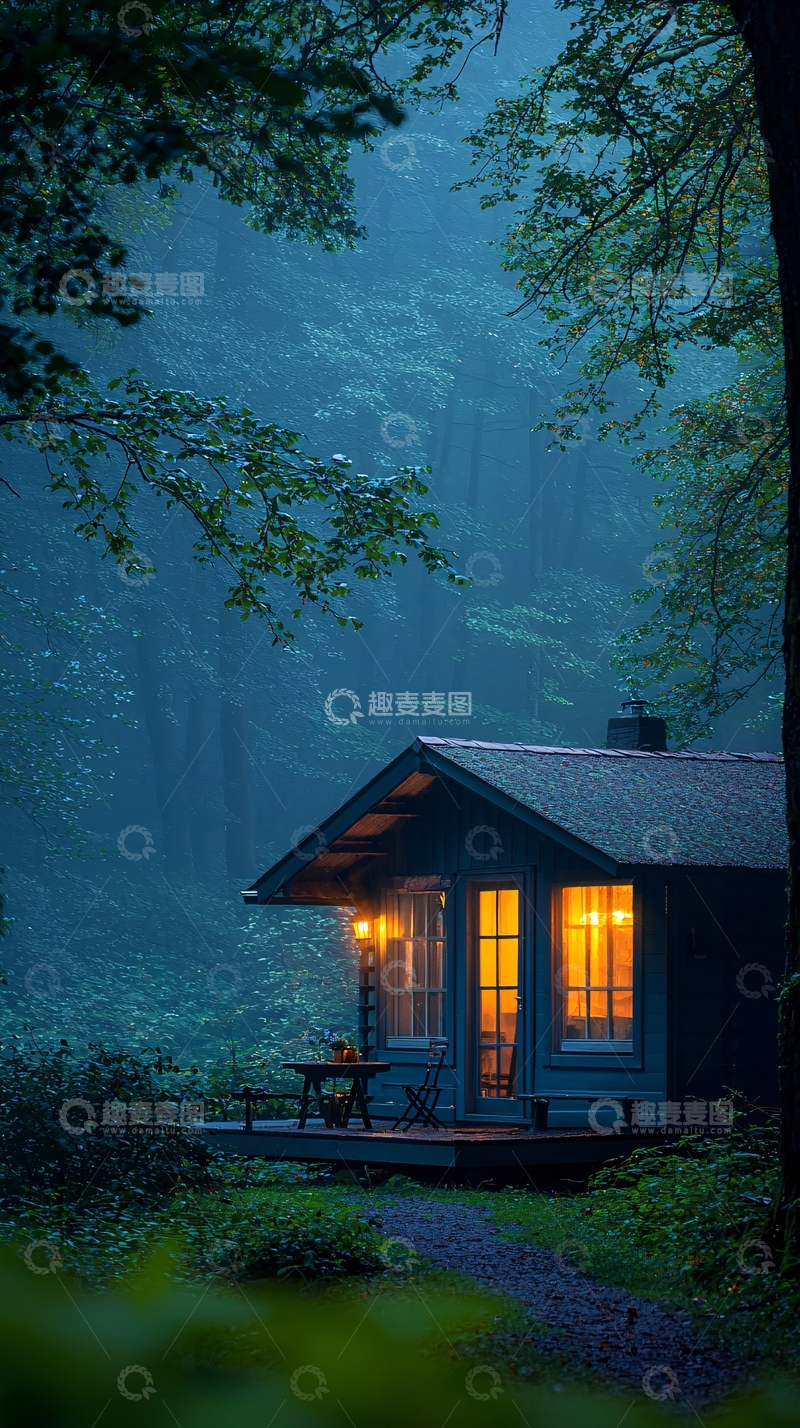 高清大图下载【趣麦麦图】森林中的小屋夜景