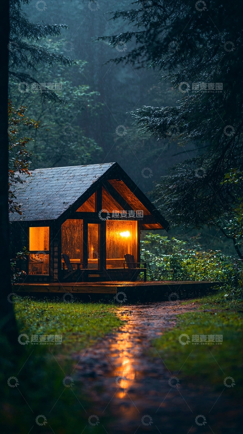 高清大图下载【趣麦麦图】雨夜中的小木屋