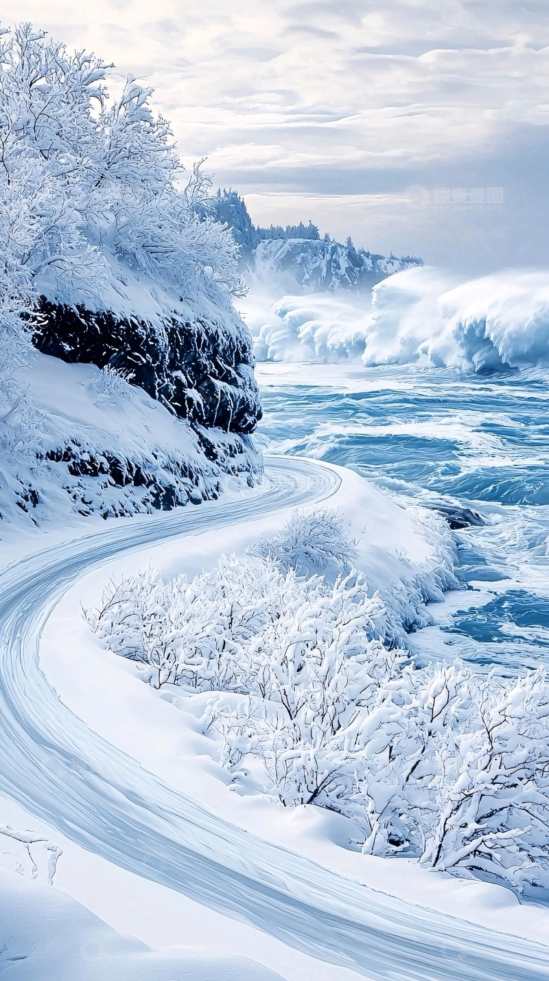 高清大图下载【趣麦麦图】雪景公路与瀑布