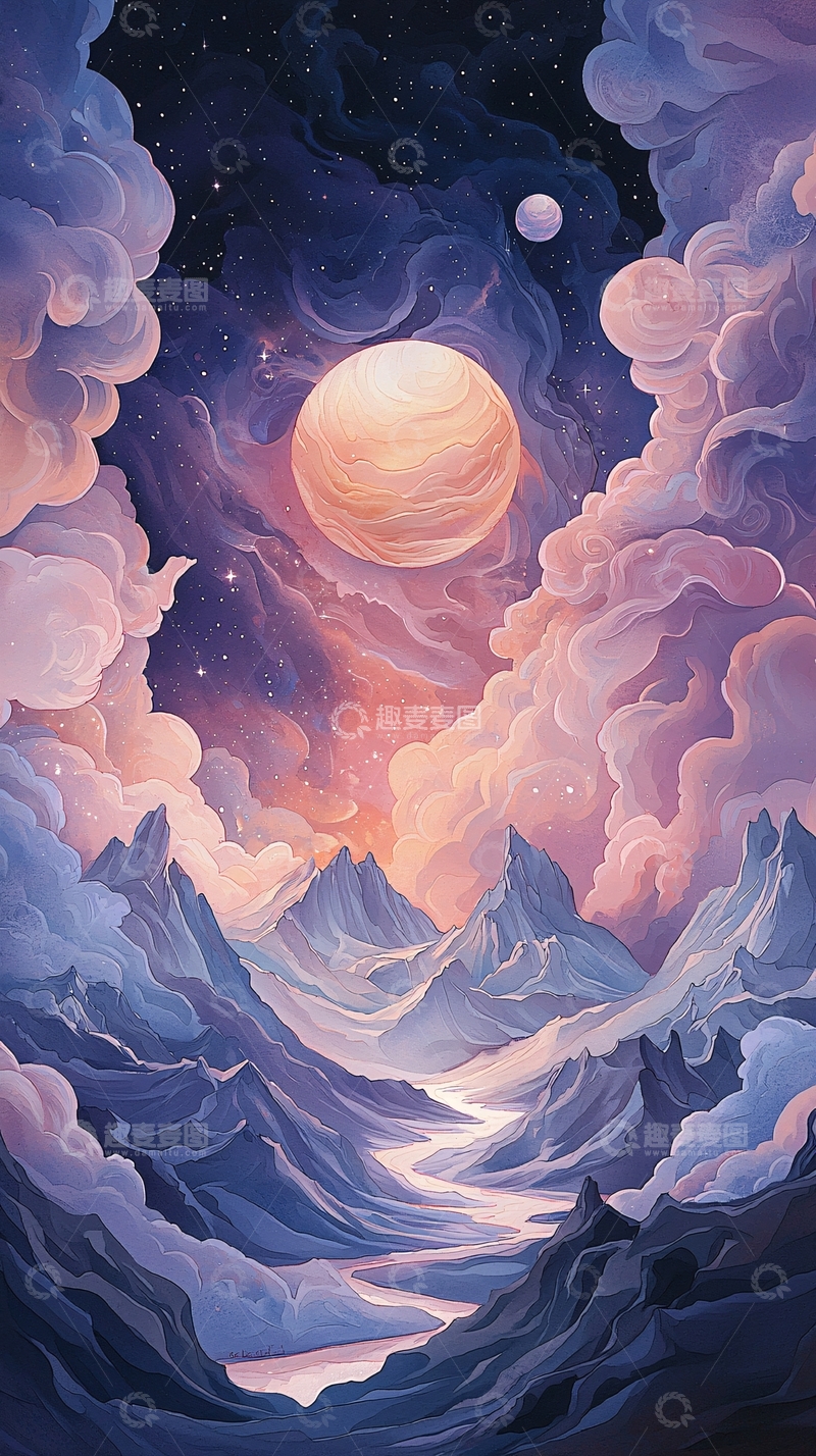 高清大图下载【趣麦麦图】梦幻星空下的山脉风景