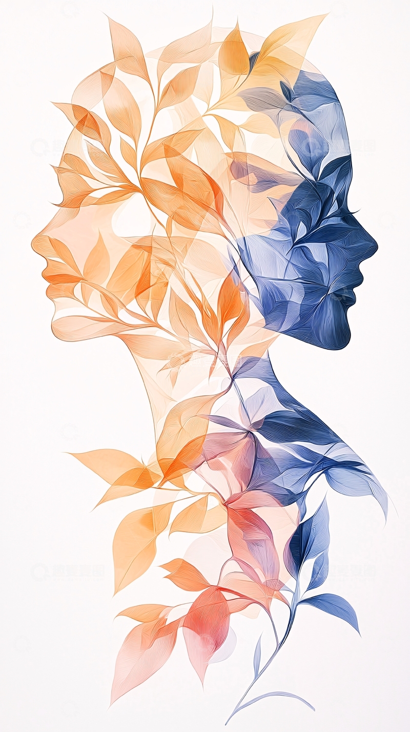 高清大图下载【趣麦麦图】抽象人物轮廓与植物交织艺术