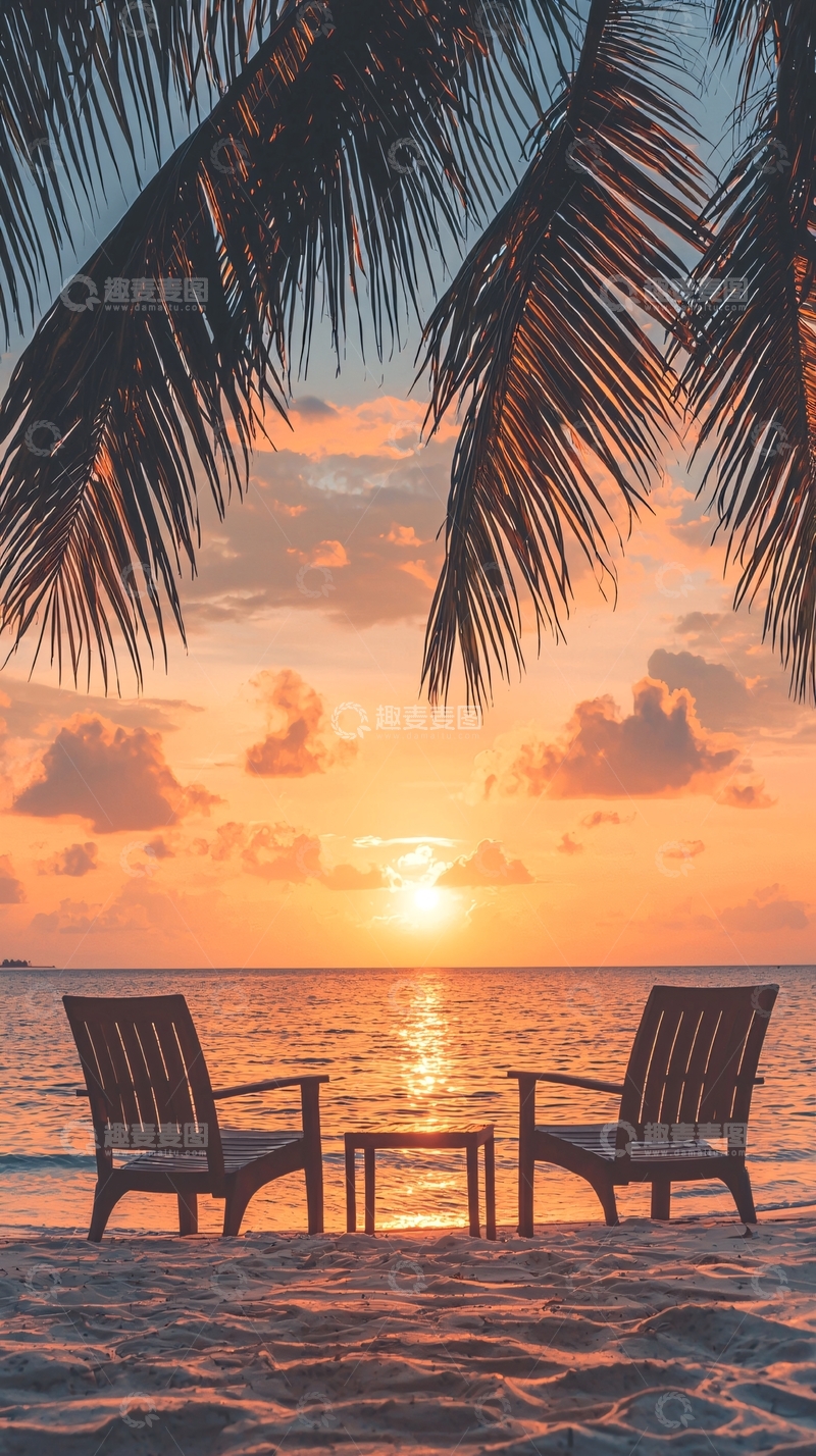 高清大图下载【趣麦麦图】海滩日落下的两把椅子