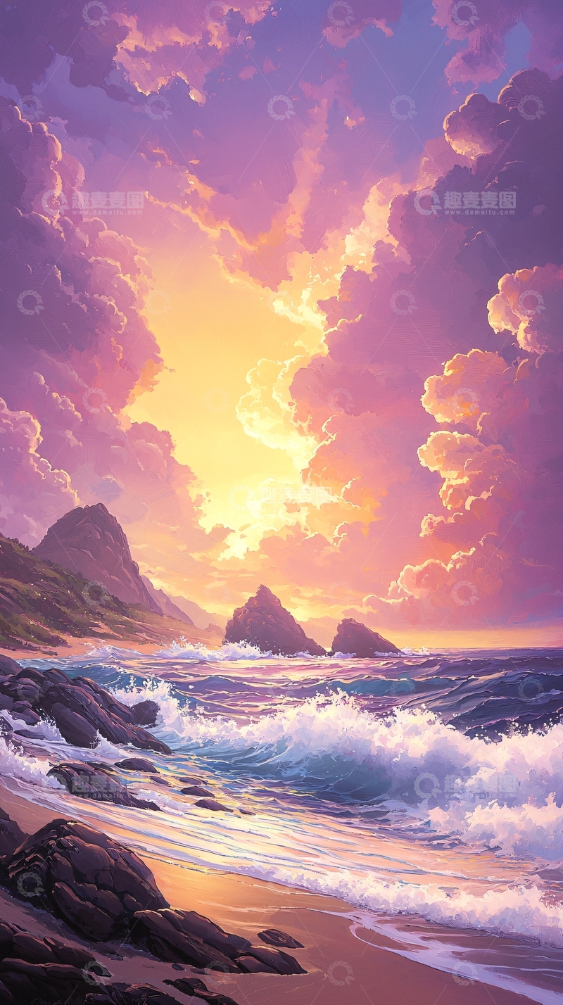 高清大图下载【趣麦麦图】日落海滩岩石海浪