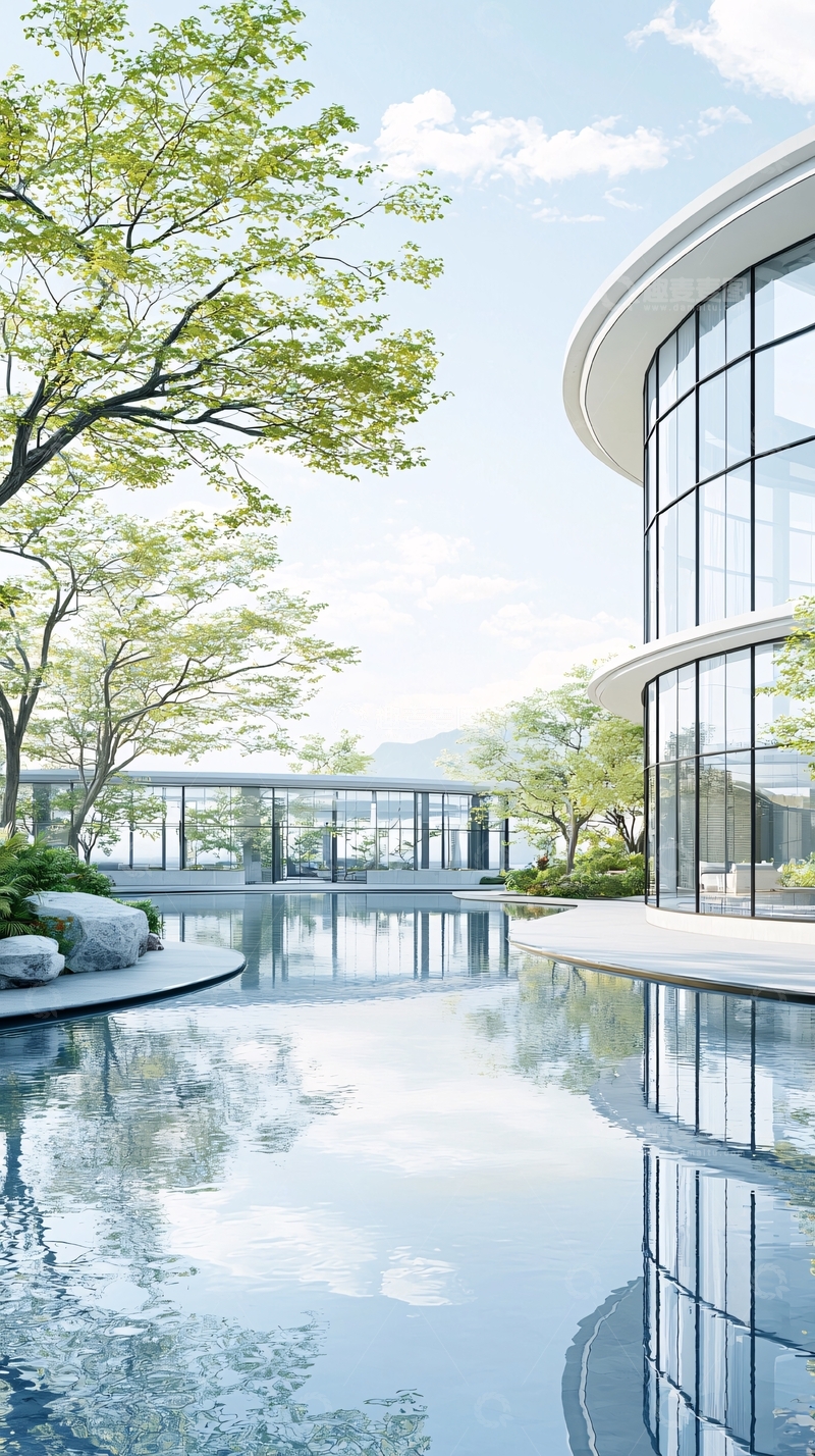 高清大图下载【趣麦麦图】现代建筑与自然景观结合的泳池场景