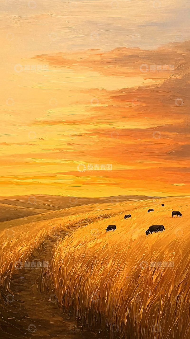 高清大图下载【趣麦麦图】夕阳下的金黄色田野与牛群