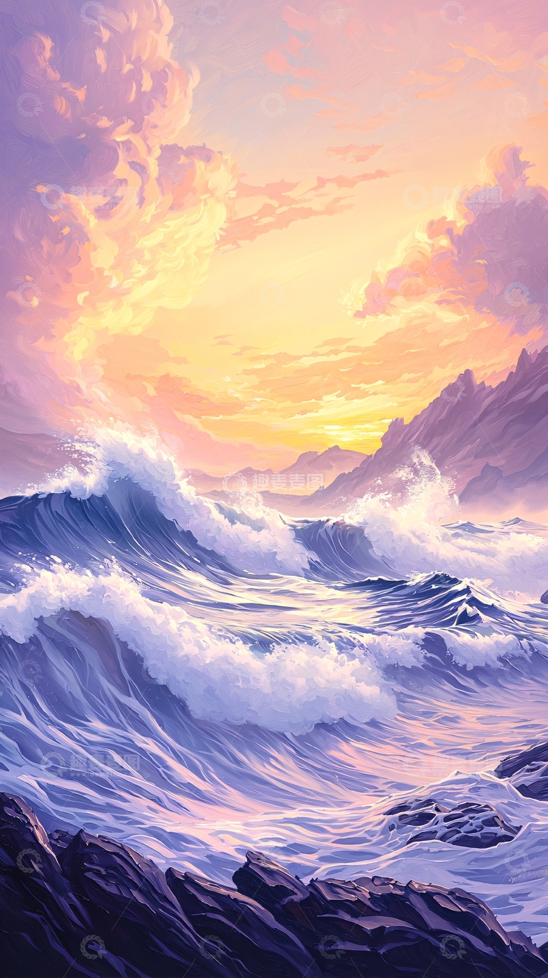 高清大图下载【趣麦麦图】日落海浪山景艺术画