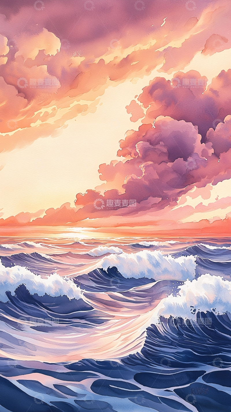 高清大图下载【趣麦麦图】日落海浪艺术插画