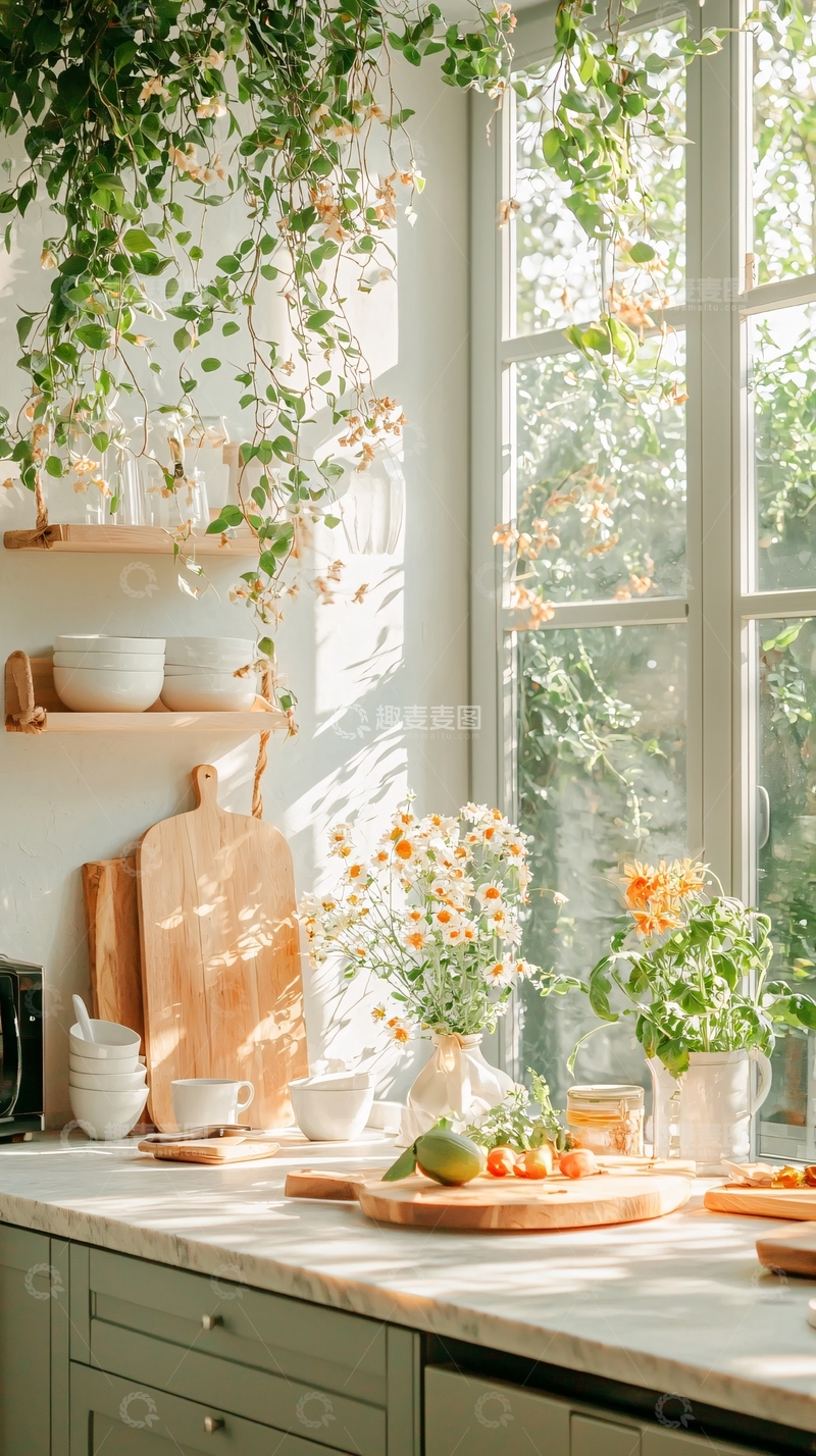 高清大图下载【趣麦麦图】阳光明媚的厨房与自然植物