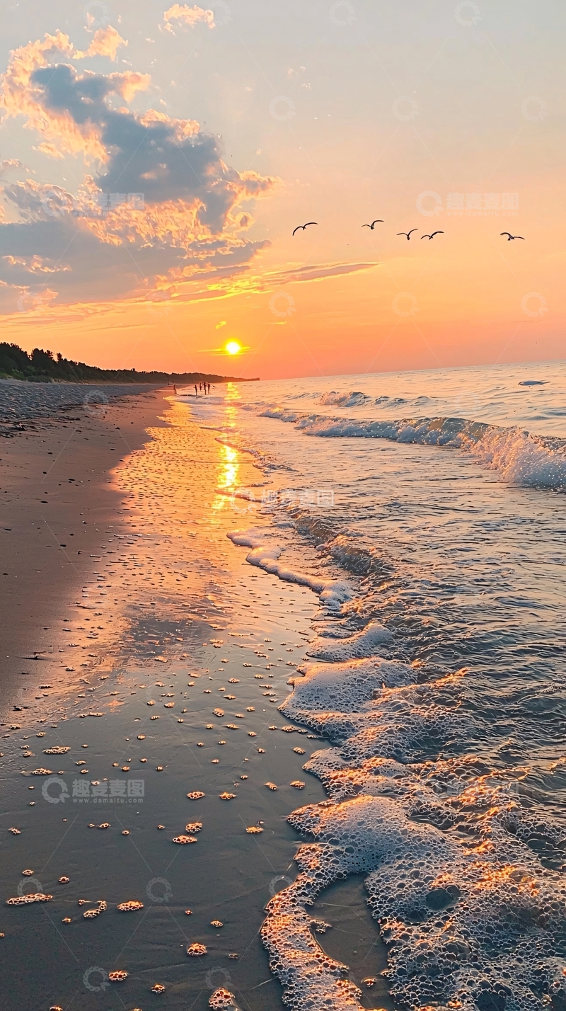 高清大图下载【趣麦麦图】日落海滩海浪沙滩风景