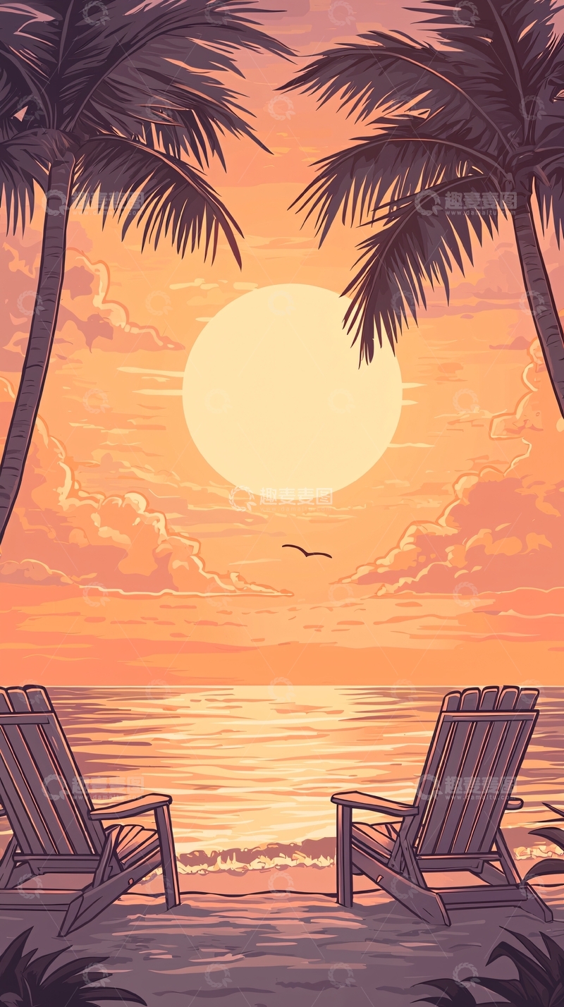 高清大图下载【趣麦麦图】海滩日落休闲椅插画
