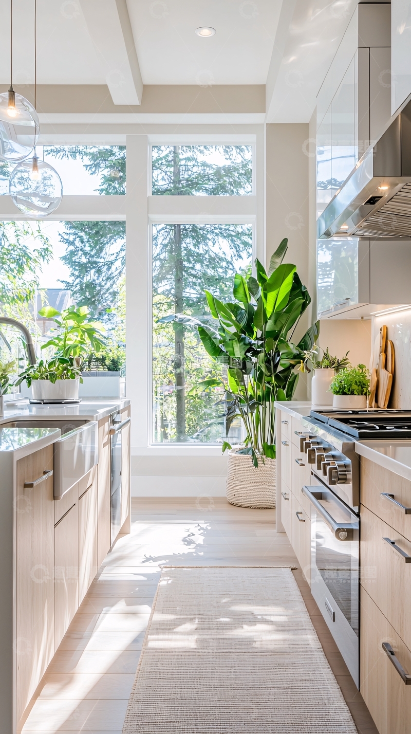 高清大图下载【趣麦麦图】现代简约厨房与自然景观结合