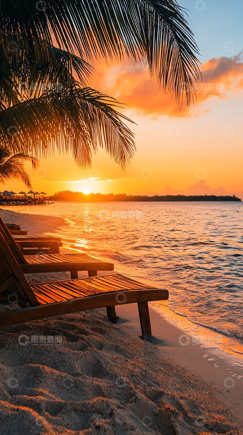 高清大图下载【趣麦麦图】夕阳下的海滩躺椅