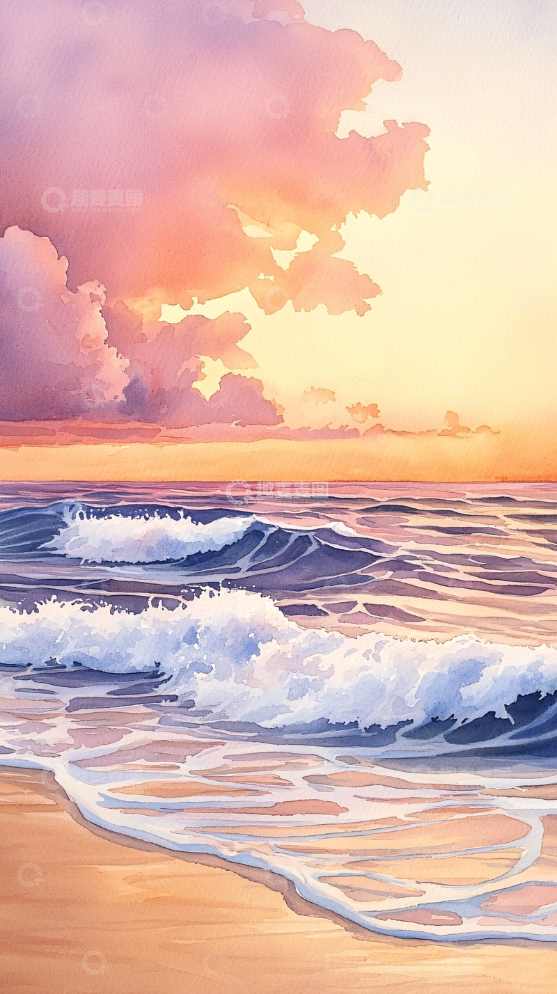 高清大图下载【趣麦麦图】日落海滩水彩画