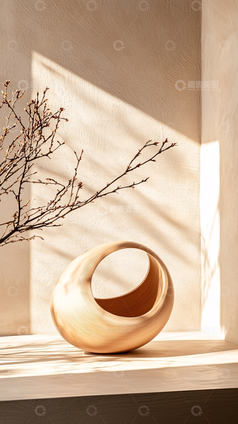 高清大图下载【趣麦麦图】光影中的木质花瓶与树枝