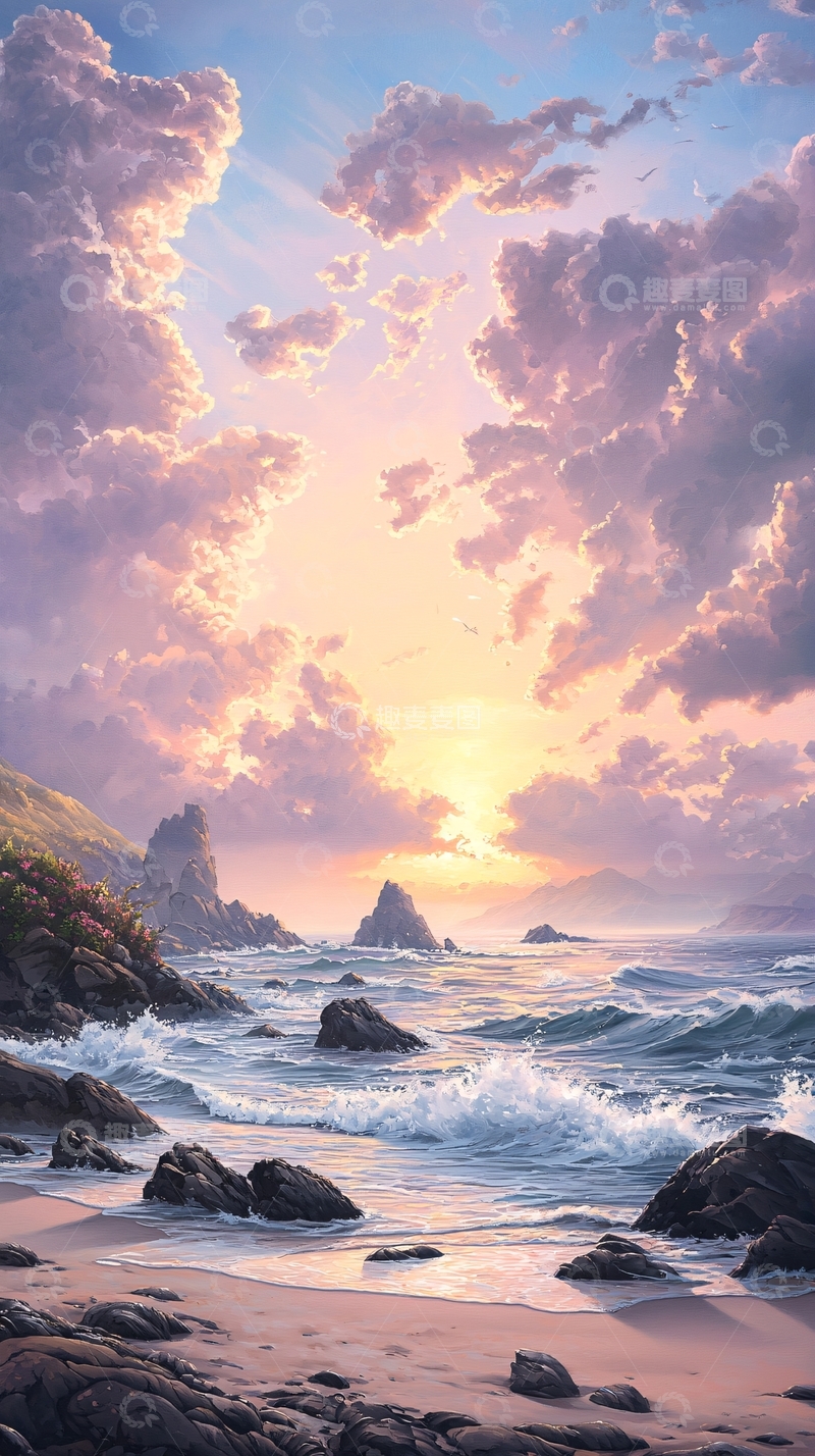 高清大图下载【趣麦麦图】日落海滩岩石风景