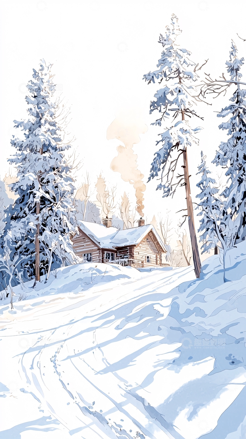 高清大图下载【趣麦麦图】冬日雪景中的小木屋