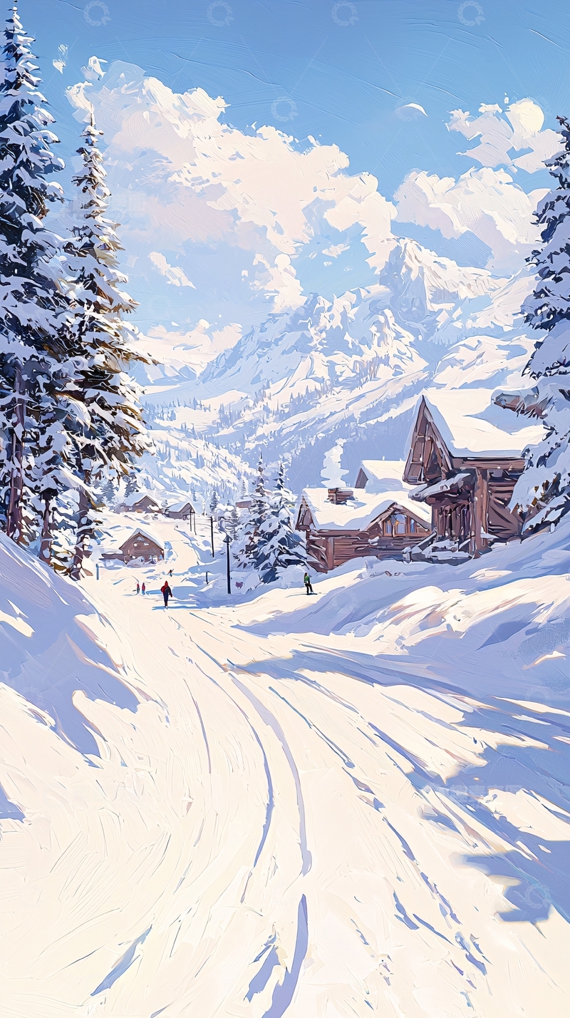 高清大图下载【趣麦麦图】雪景中的小木屋