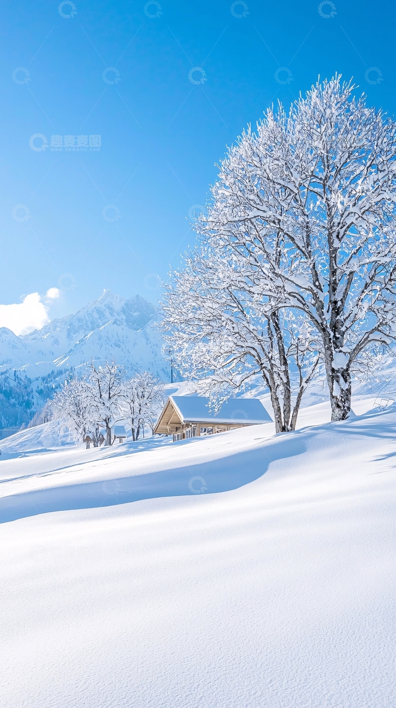 高清大图下载【趣麦麦图】冬日雪景下的小屋与树木