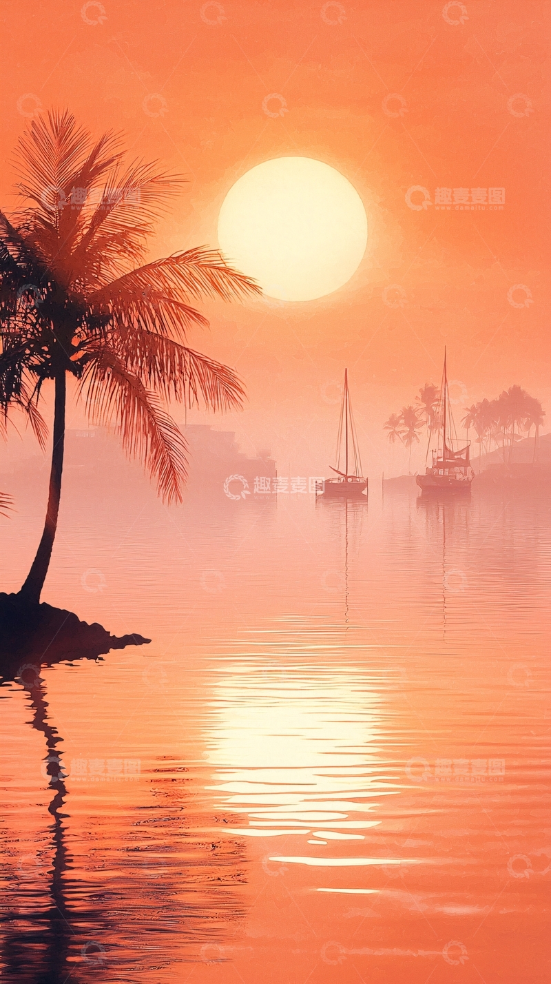 高清大图下载【趣麦麦图】日落海滩帆船椰树
