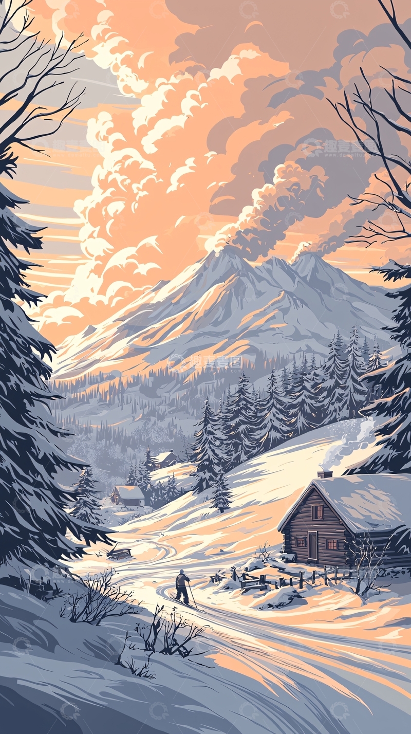 高清大图下载【趣麦麦图】冬日山间雪景徒步图