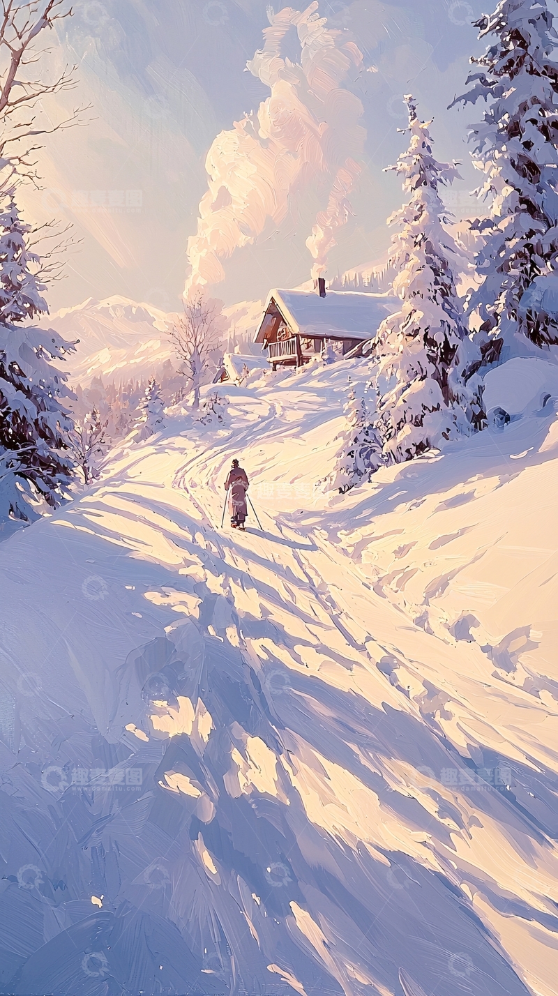 高清大图下载【趣麦麦图】冬日雪景中的小屋与滑雪者