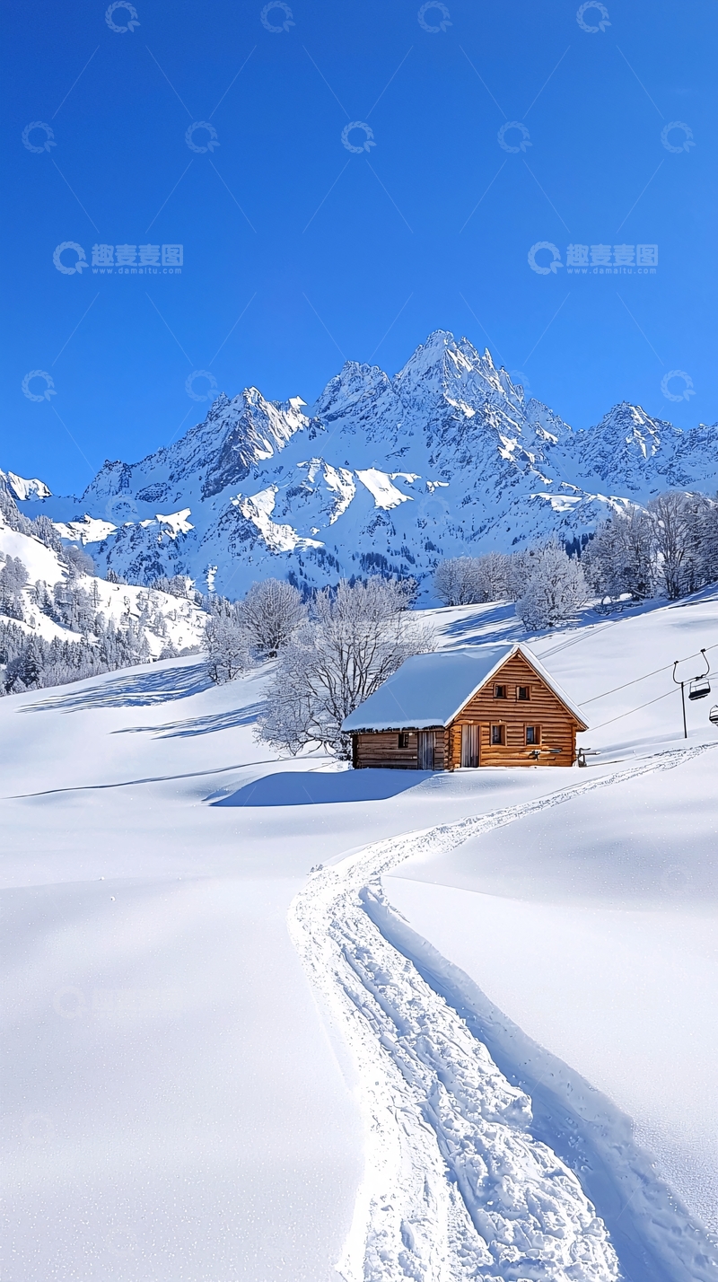 高清大图下载【趣麦麦图】雪地小屋与山脉风景