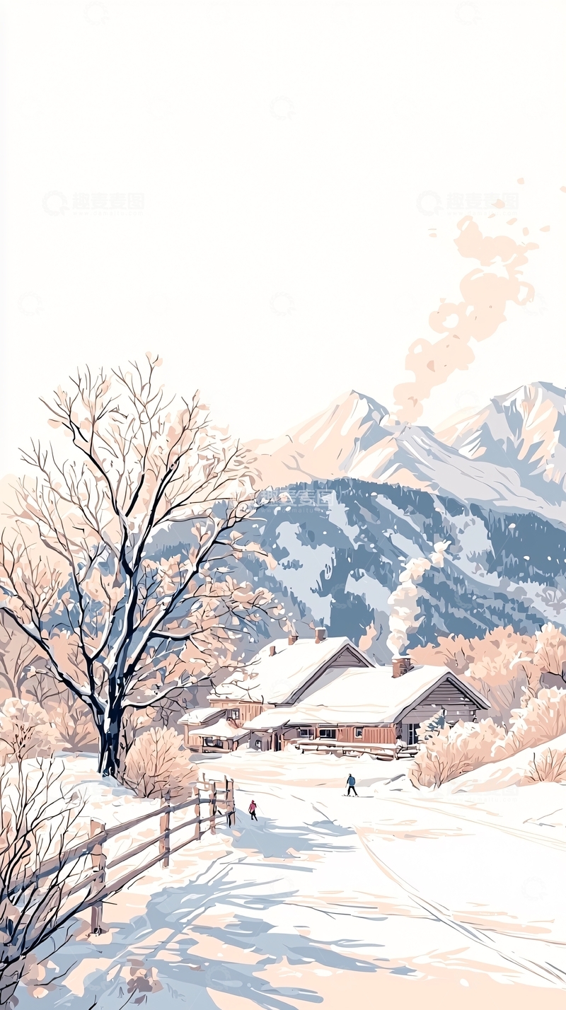 高清大图下载【趣麦麦图】冬日山间小屋风景