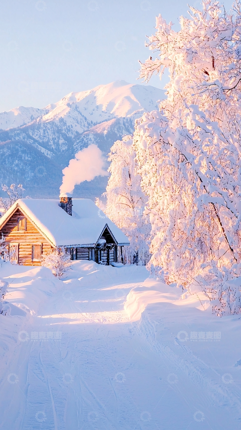 高清大图下载【趣麦麦图】冬日雪景中的小木屋