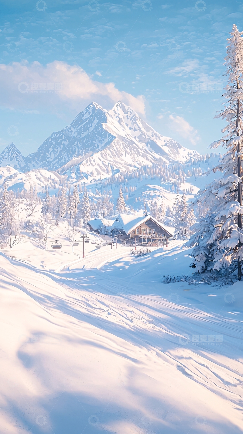 高清大图下载【趣麦麦图】雪景中的小木屋