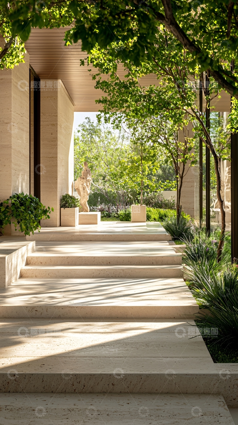 高清大图下载【趣麦麦图】现代庭院石阶与绿植景观
