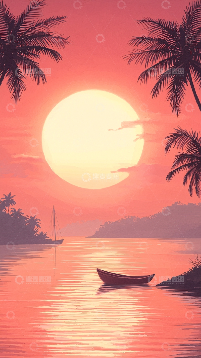 高清大图下载【趣麦麦图】日落海滩帆船与小舟