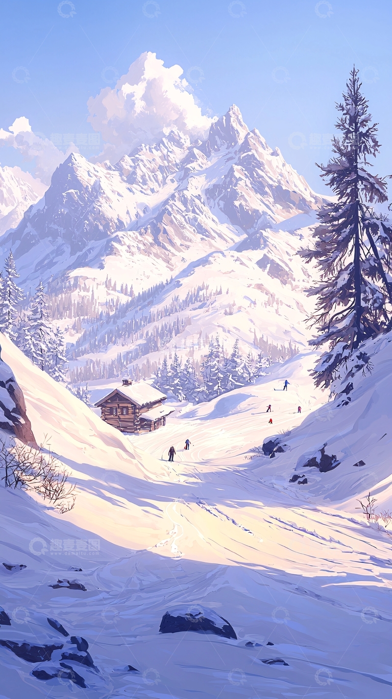 高清大图下载【趣麦麦图】冬日雪山滑雪场景