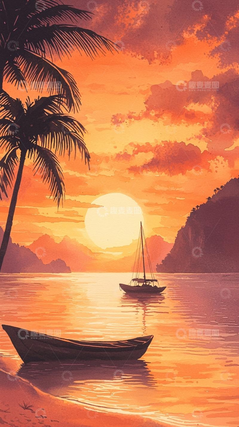 高清大图下载【趣麦麦图】日落海滩帆船与棕榈树