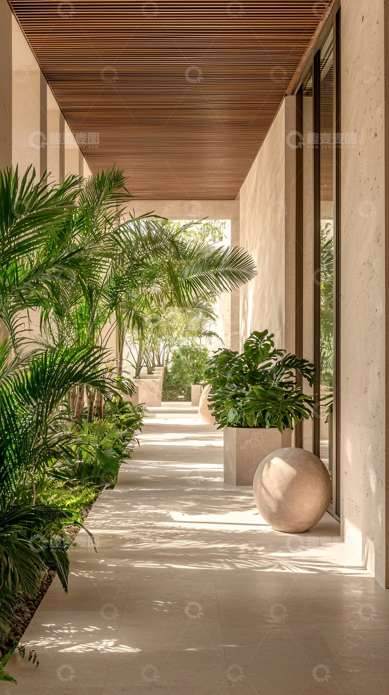 高清大图下载【趣麦麦图】热带植物装饰的走廊
