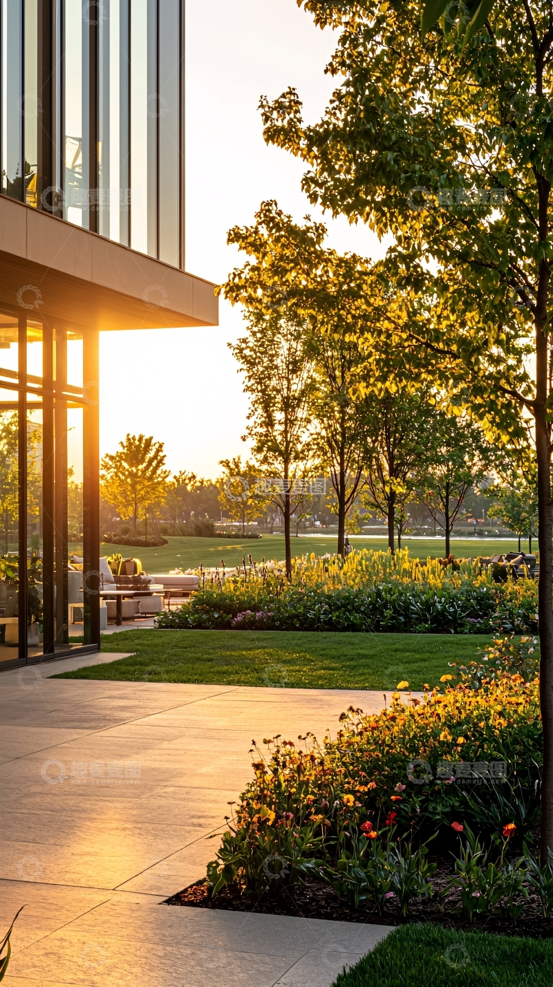 高清大图下载【趣麦麦图】夕阳下的现代花园庭院
