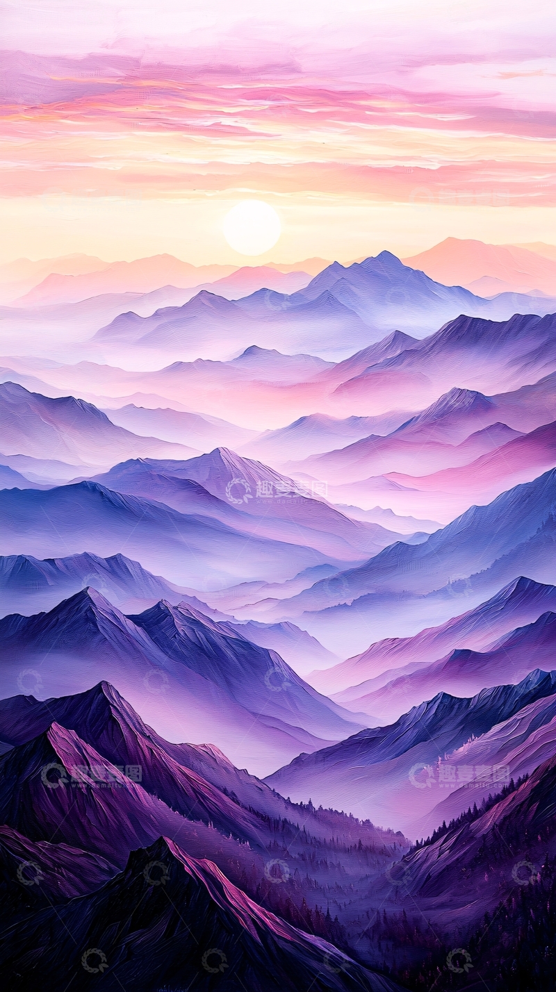 高清大图下载【趣麦麦图】梦幻山峦日落风景