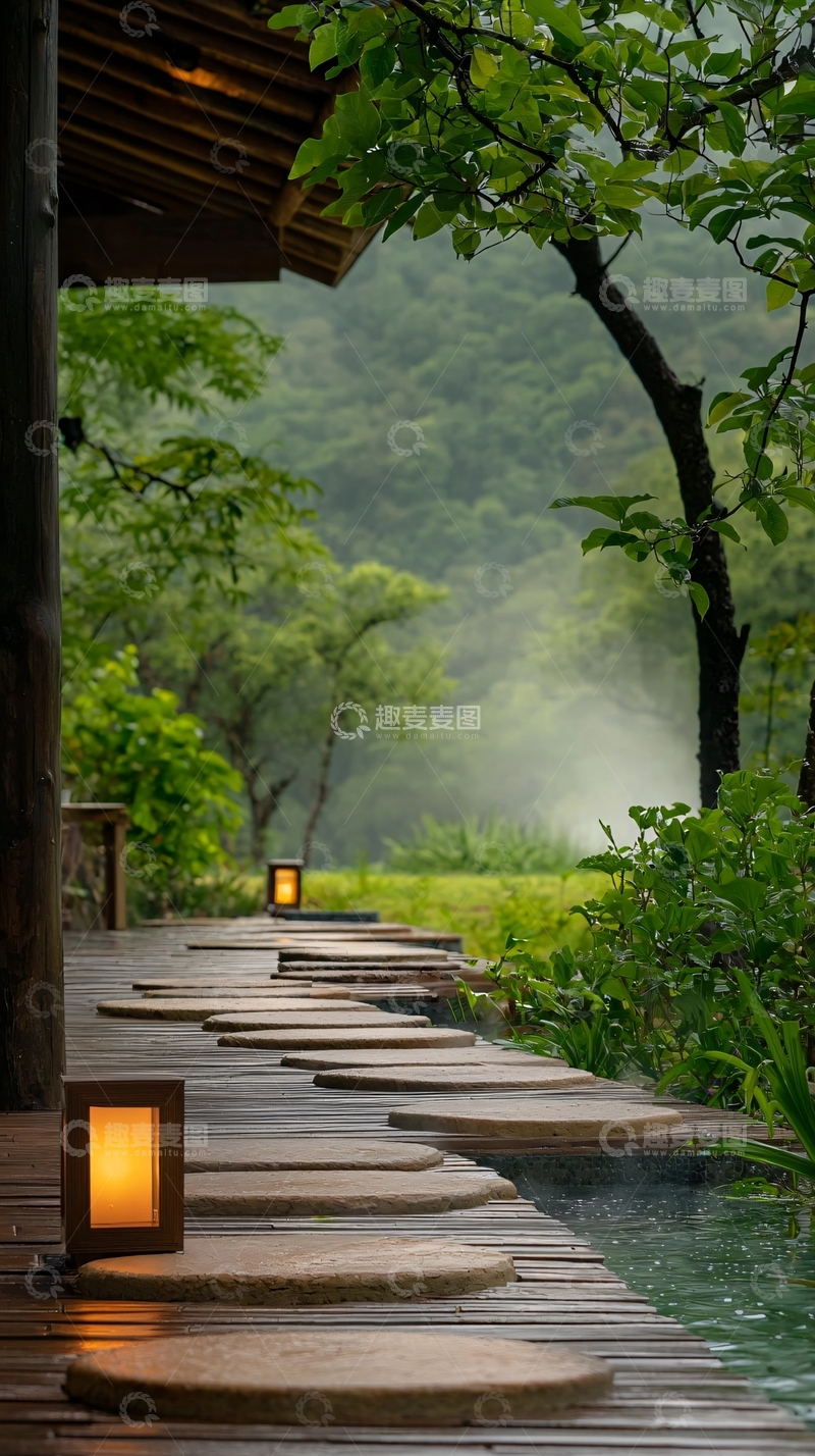 高清大图下载【趣麦麦图】雨后森林中的木桥夜景