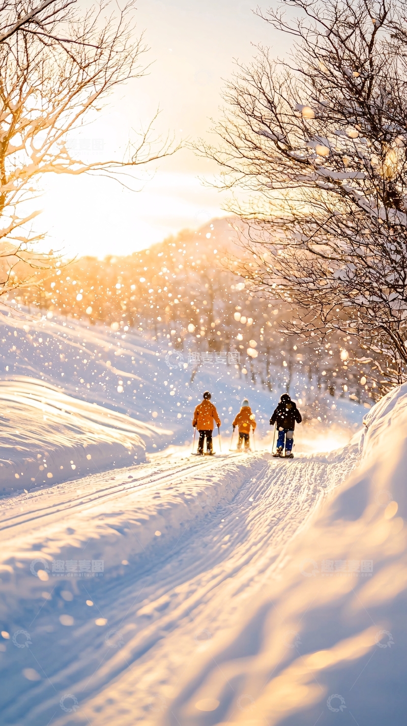 高清大图下载【趣麦麦图】冬日雪景中滑雪的人们