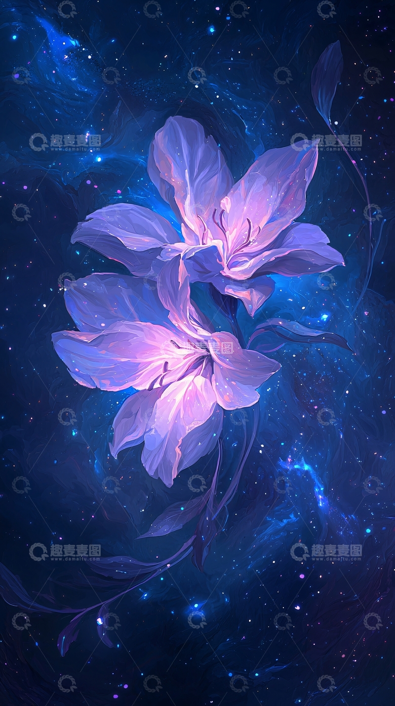 高清大图下载【趣麦麦图】梦幻星空下的紫色花朵